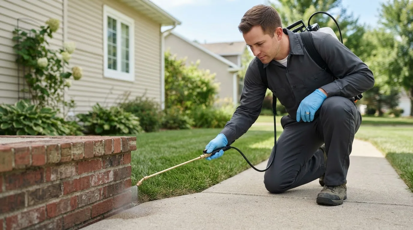 Pest control technician treating a home near Littleton, MA